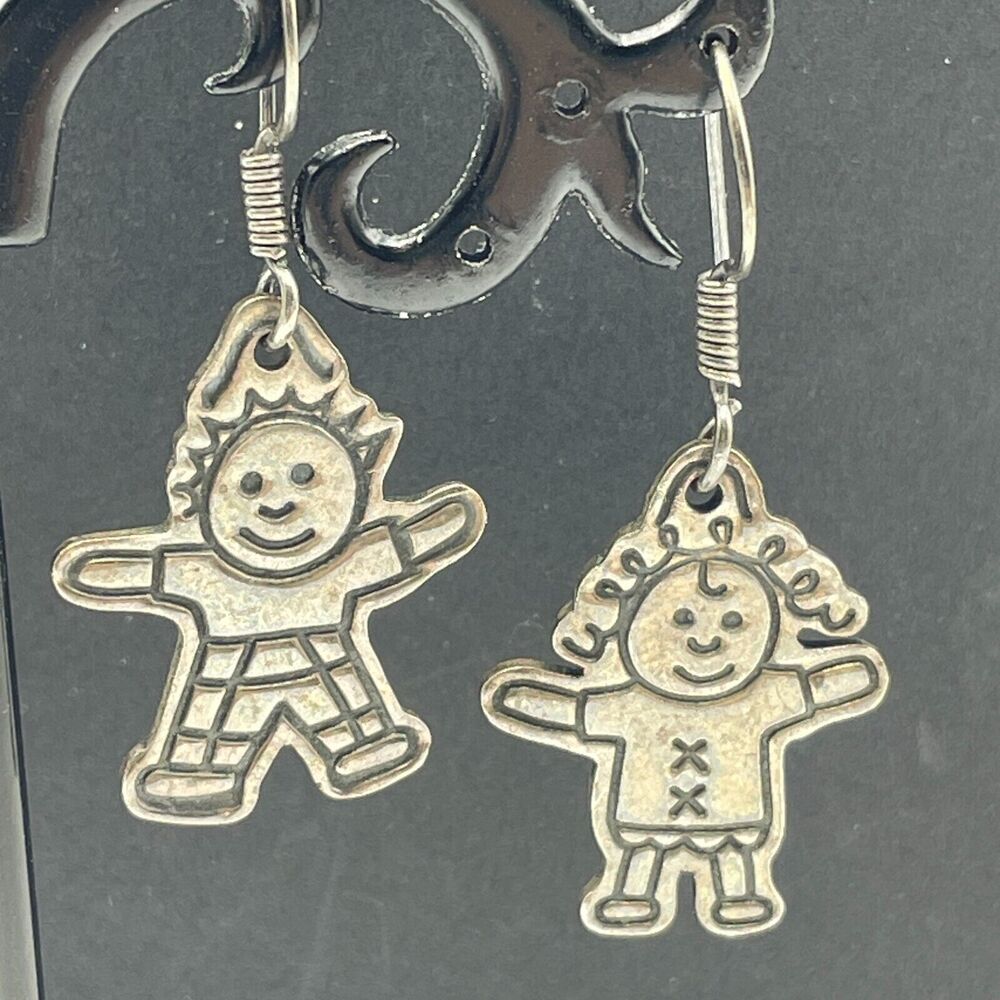 925 Mexico Figural Pierced Earrings Child Doll Dangle Sterling Silver Vintage